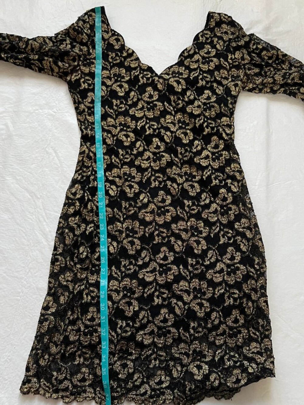 Vintage dress 90s medium Black Lace Gold Floral print long sleeve bodycon - Picture 8 of 8